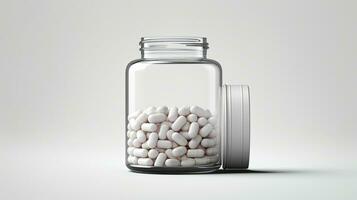 Doorzichtig transparant glas geneeskunde fles met tablets pil geïsoleerd Aan wit achtergrond ai gegenereerd foto