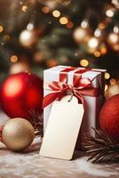 Kerstmis geschenk doos met blanco label mockup en vervagen bokeh licht ai gegenereerd foto