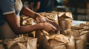 vrouw handen zegel koffie Boon zak pakketjes klaar voor verkoop ai gegenereerd foto