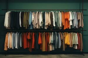 multi gekleurde kledingstukken hangende Aan jas hangers in op te slaan ai generatief foto