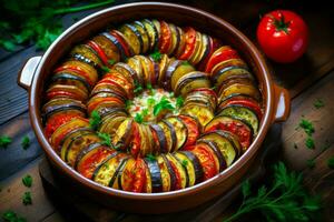 heerlijk ratatouille in bakken schotel Bij keuken. genereren ai foto