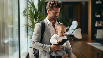 mannetje ondernemer gebruik makend van slim telefoon voor werk terwijl draag- schattig baby ai gegenereerd foto