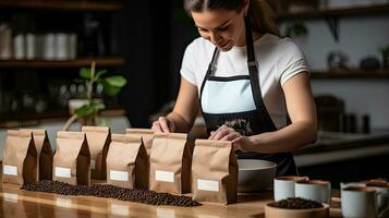 vrouw handen zegel koffie Boon zak pakketjes klaar voor verkoop ai gegenereerd foto