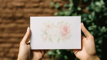 afdrukken mockup kaart in handen voor uitnodiging, bruiloft, kaart of ansichtkaart mockup ai gegenereerd foto
