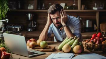 Mens van streek hoofdpijn depressief van kosten van leven kreeg hoger van inflatie van kruidenier prijs door supermarkt ai gegenereerd foto