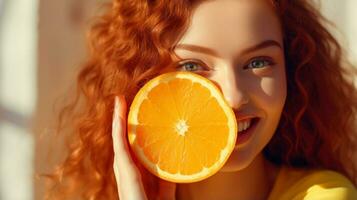 mooi blij tiener model- meisje duurt sappig sinaasappels plakjes met grappig rood kapsel en professioneel maken omhoog ai gegenereerd foto