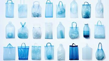 recycling plastic zak verzameling Aan schoon wit achtergrond ai gegenereerd foto