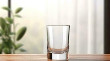 blanco glas schot mockup sjabloon Aan een tafel top voor alcoholisch drankjes ai gegenereerd foto