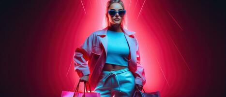 vrouw in neon licht cyberpunk donker achtergrond met boodschappen doen Tassen in zwart vrijdag, cyber maandag verkoop concept ai gegenereerd foto