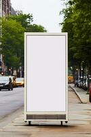 blanco bespotten omhoog van verticaal straat poster aanplakbord in ochtend- dageraad voor afzet of advertentie ai gegenereerd foto