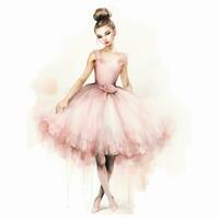 schattig waterverf illustratie van een balletdanseres, roze tutu, pointe schoenen, vol lengte bevallig slank meisje foto