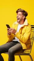 opgewonden Mens lachend en gebruik makend van smartphone in boodschappen doen kar trolley Aan geel achtergrond ai gegenereerd foto