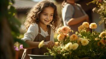 glimlachen weinig meisje nemen zorg en fabriek bloemen in de tuin of een boerderij ai gegenereerd foto