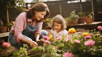 glimlachen moeder en dochter nemen zorg van bloemen terwijl tuinieren Bij boerderij ai gegenereerd foto
