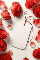 modern blanco Valentijn geschenk label mockup met rood roos bladeren bloemblaadjes ai gegenereerd foto