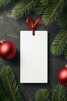 modern geschenk label voor Kerstmis vakantie mockup Aan grijs zwart achtergrond ai gegenereerd foto