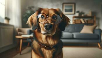 foto van een middelgroot hond met een glimmend jas, vol vertrouwen vervelend een paar- van elegant ronde bril, zittend in een leven kamer instelling met zacht verlichting. ai generatief