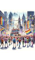 een waterverf schilderij presentatie van trots dag met een levendig optocht in een stad plein en iconisch oriëntatiepunten versierd in regenboog kleuren. ai generatief foto