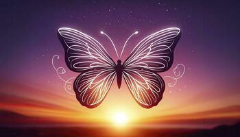 tekening van een gemakkelijk en elegant vlinder silhouet, haar het formulier staand uit prominent tegen een stralend zonsondergang lucht met tinten van oranje en Purper. ai generatief foto