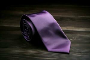 elegant Purper zijde stropdas Aan houten bord. genereren ai foto