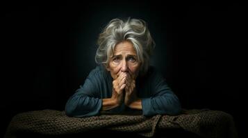 portret van een ouderen vrouw met grijs haar- in een donker kamer. van streek Kaukasisch vrouw gepensioneerde in haar jaren 70 zittend alleen. foto