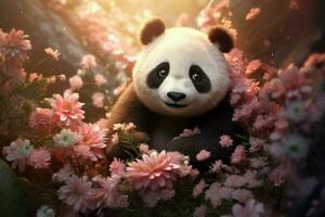 schattig baby panda bloemen. genereren ai foto