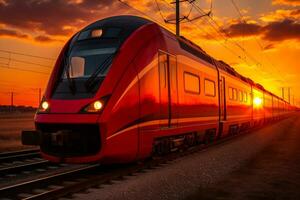 rood snel hoge snelheid trein tegen de achtergrond van de avond zon generatief ai foto