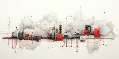 generatief ai, abstract meetkundig fabriek pijpleiding industrie waterverf en inkt achtergrond met rood en grijs wolken. foto