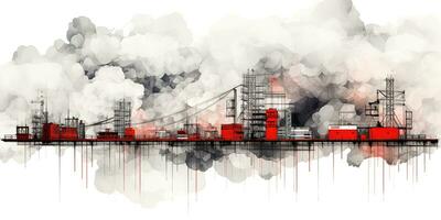 generatief ai, abstract meetkundig fabriek pijpleiding industrie waterverf en inkt achtergrond met rood en grijs wolken. foto
