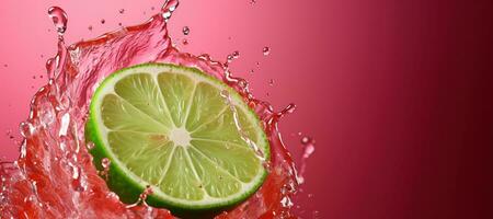generatief ai, vers limoen macro, grapefruit plak in water plons, groen en roze magenta kleuren foto