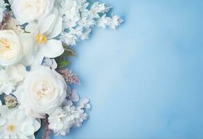 ai gegenereerd bloemen Aan blauw met kopiëren ruimte foto