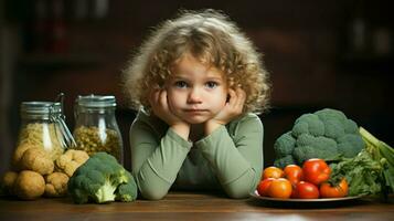 een weinig meisje nadenken temidden van een groente verspreiding. generatief ai foto