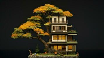 een vreemd miniatuur huis omringd door bomen.. generatief ai foto