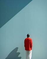 een Mens vervelend een rood overhemd is afgebeeld staand in voorkant van een blauw muur. minimalistische tafereel.. generatief ai foto