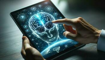 Geavanceerd driedimensionaal menselijk hersenen simulatie bekeken van binnen een tablet. generatief ai foto