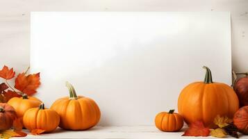 wit teken en oranje pompoenen, een gemakkelijk herfst groet foto