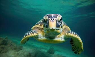 de vreugde van een gelukkig zee schildpad zwemmen in haar portret creëren gebruik makend van generatief ai gereedschap foto