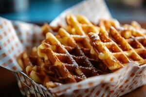 wafels in een mand Aan een tafel ai gegenereerd foto