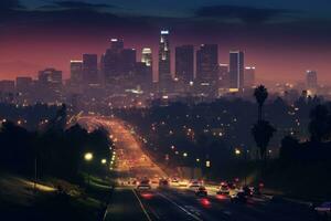 los angeles horizon Bij schemering, Californië, Verenigde staten van Amerika, los angeles Bij nacht, ai gegenereerd foto