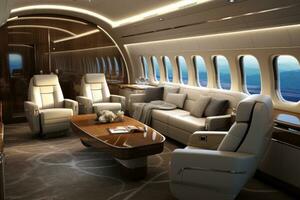 interieur van een privaat Jet met stoelen en fauteuils. 3d weergave, luxueus privaat Jet interieur uitstralend elegantie en comfort, ai gegenereerd foto