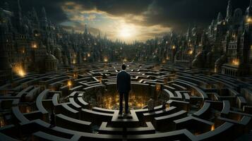Mens in een labyrint, concept van moeilijkheid maken een besluit en vinden uw manier foto