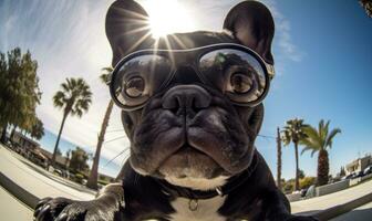 vissenoog lens selfie fotografie van een Frans bulldog ai gegenereerd foto