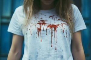 vrouw tonen rood bekladden Aan haar t-shirt wassen. genereren ai foto