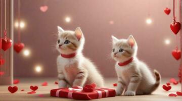 schattig kittens spelen tegen Valentijnsdag dag sfeer achtergrond met ruimte voor tekst, achtergrond afbeelding, ai gegenereerd foto