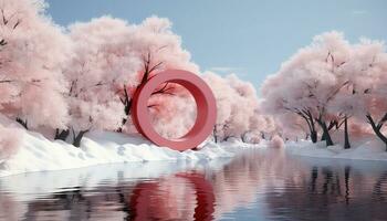 groot circulaire structuur met roze wolken en bomen ai gegenereerd foto