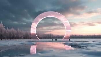 aquamarijn luchten en hyperrealistisch roze wolken circulaire landschap ai gegenereerd foto