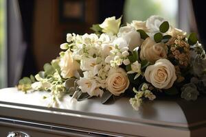 wit lijkkist met bloemen. de concept van begrafenis. ai gegenereerd foto