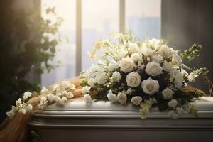 wit lijkkist met bloemen. de concept van begrafenis. ai gegenereerd foto