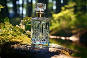 glas fles van parfum Aan een steen in de Woud in de stralen van de zon. vers aroma. modieus luxe parfum. gegenereerd door kunstmatig intelligentie- foto