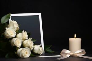 wit rozen met lint en foto kader Aan zwart achtergrond.begrafenis concept ai gegenereerd